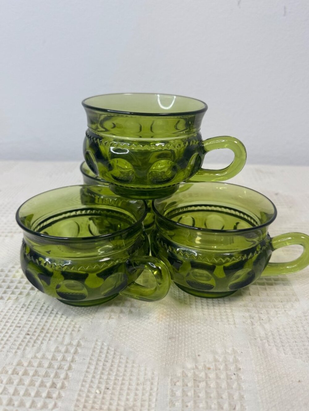 Vintage Green Indiana Glass Cups Set 4 Embossed Thumbprint Kings Crown Pattern
